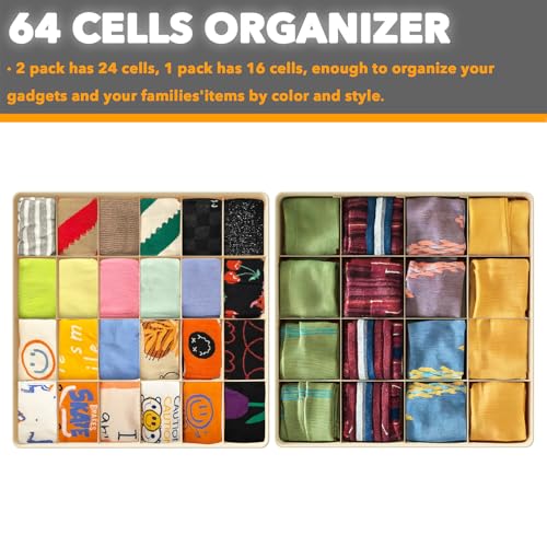 image for SpaceAid Sock Drawer Organizer Divider 3 Pack, 64 Cell Dresser Closet 