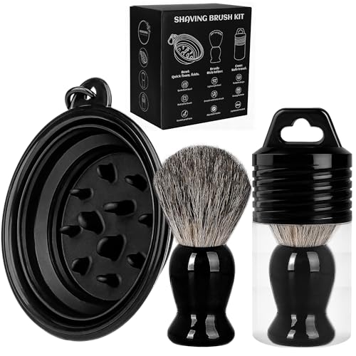 LIGOFLORA Shaving Brush Set for Men,3 in-1Natural Badger Hair Shaving Brush,Foldable Silicone Bowl, Spiral Opening Brush Case, Portable Wet Shave Gifts Used in Home and Travel (Black)