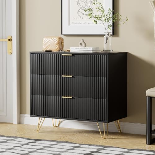 Image of Furniway Black Dresser for Bedroom, 3 Drawer Dresser with Gold Pulls, Fluted Modern Chest of Drawers Storage Cabinet, 31.5 inch W x 15.7 inch D x 29.5 inch H