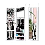 COSTWAY Schmuckschrank mit Ganzkörperspiegel und eingebautem Schminkspiegel, Schmuck Spiegelschrank für Ringe, Kettenhaken und Ohrringe, 2 Montagemöglichkeiten, weiß