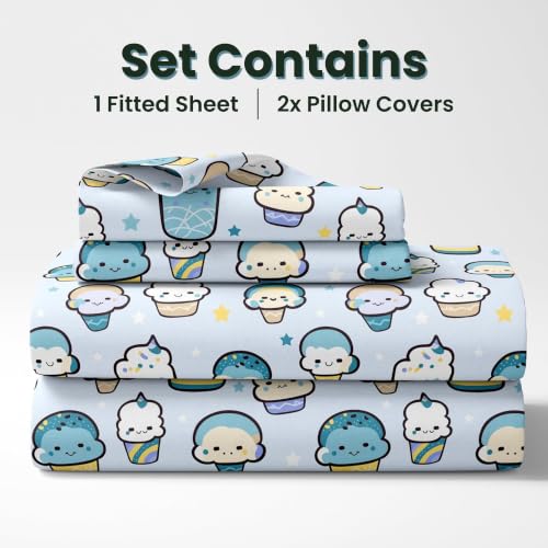 Image of LORETO - A QUALITY LINEN BRAND 144 TC 100% Pure Cotton Double /Queen Fitted Bedsheet with 2 Pillow Covers for 72 x 60 Inch Mattress, All-Around Elastic, 8 Inch Deep Pocket, Kawaii Pastel Sky Drinks