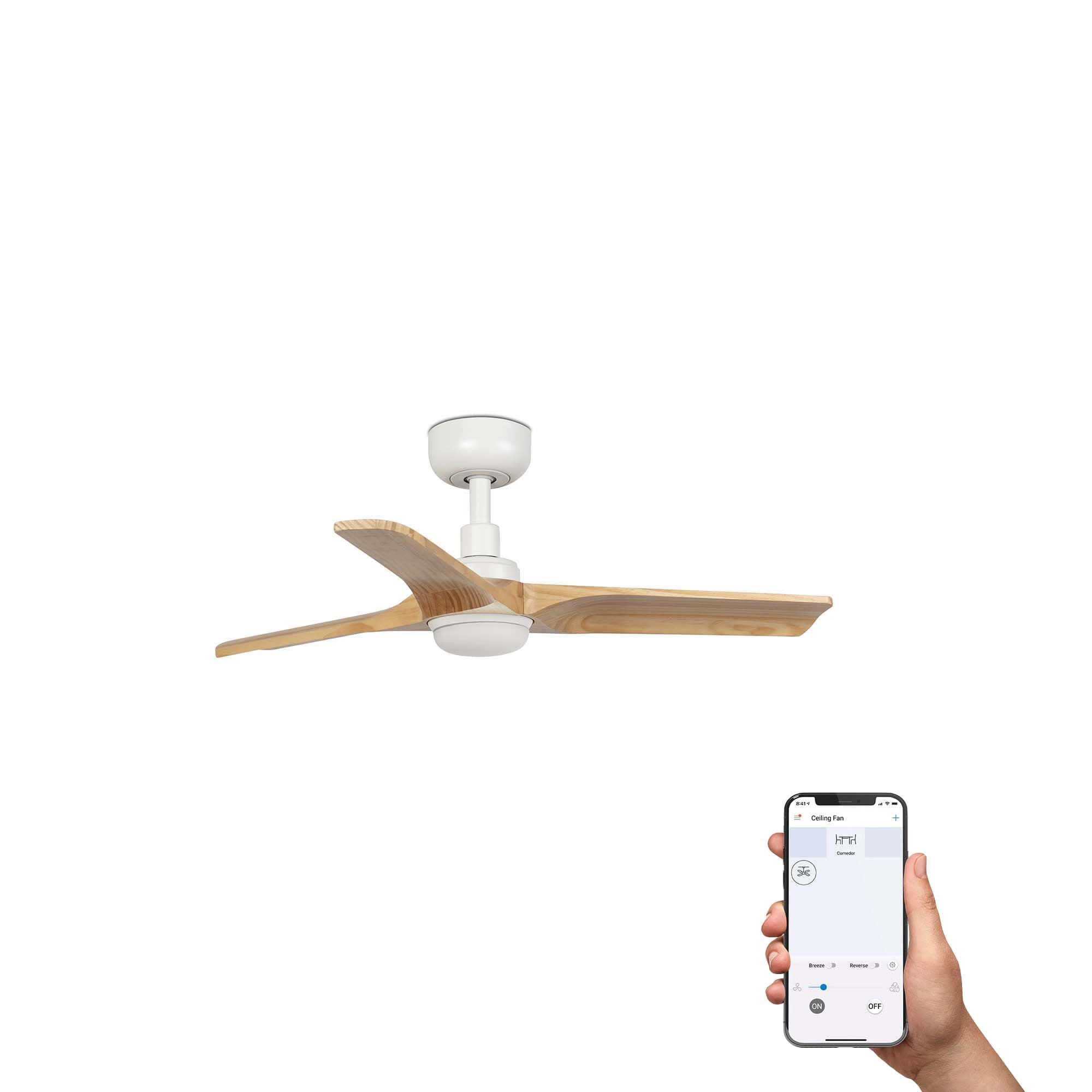 Ventilateur connecté HEYWOOD LED S blanc et bois pour rafraîchir une chambre