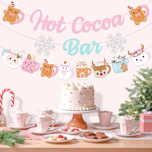 Guirlande de tasses de cacao chaud Noël et bannière pour buffet de fête rose