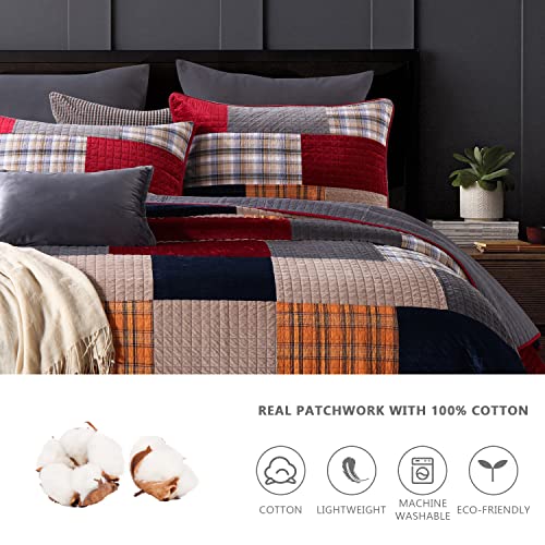 Secgo Velvet Patchwork Quilts Queen Size - 100% Cotton Bedding Set (90 * 98 Inch) With 2 Pillow Shams, Patchwork Reversible Lightweight Bedspread, Quilted Coverlet Fit All-Season #TOP5