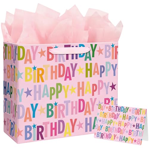 Yusenguan 13 Pink Happy Birthday Gift Bag Colorful Lettering Design with Card Tissue Paper and Sturdy Handles for Kids & Adults Birthday Parties
