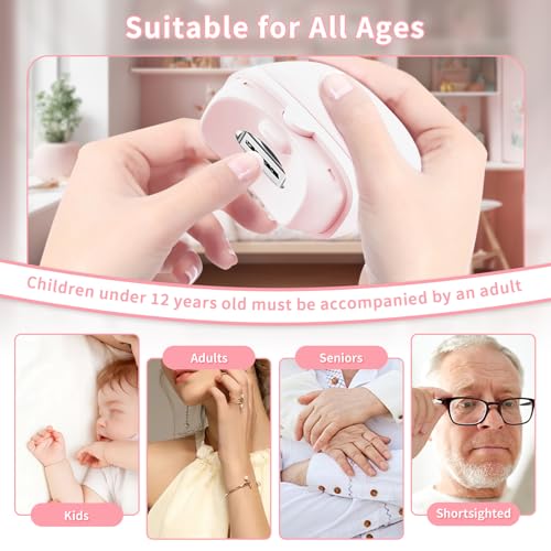 Electric Nail Clipper, 2 Speeds Automatic Electric Nail Trimmer for Adults Seniors Baby Children with LED Light, Rechargeable Electric Nail Clippers for Men Women Kids Finger Toe Nail Cutter (Pink)