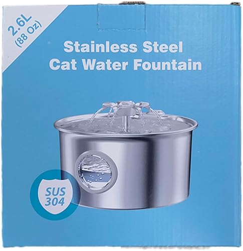 Stainless Steel Cat Water Fountain: 88oz/2.6L Ultra Quiet Pet Fountain with Flower Kitty Spout & LED Blue Light Water Dispenser with Water Level Window for Cats/Dogs Indoor (Silver) - IHOUONE(cat Fountain + 6 Filters & 3 Sponges)