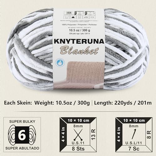 Image of #6 Super Bulky Blanket Yarn for Crocheting - 4 Skeins(Each 10.5oz /300g, 220yds /201m), Chunky Chenille Thick Plush Big Soft Yarn for Crocheting Knitting Blankets, Multi Grey & White