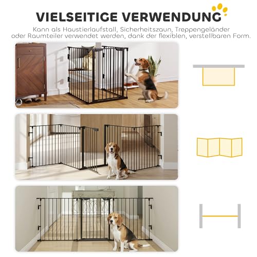 PawHut Welpenauslauf 5-TLG Klappbar Absperrgitter Hund mit Tür, DIY Welpenlaufstall Kaminschutzgitter Ofenschutzgitter für kleine und mittelgroße Hunde, 300 x 74,5 cm, Metall, Schwarz