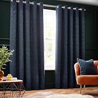 Paoletti Galaxy Eyelet Curtain Pair – Lined Room Darkening Luxury Opulent Chenille Curtains (Navy - 117x137cm)