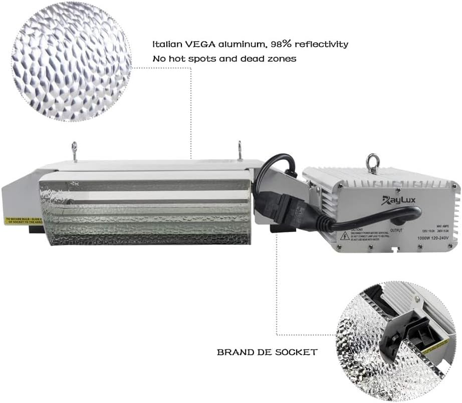 Raylux Grow Light System Kits with Controller Port,1000 Watt DE Double Ended HID,Open Style Reflector with 220V Digital Dimmable Ballast - Bulb Not Included