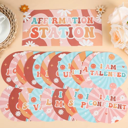 Image of Naozinebi Hippie Affirmation Station Bulletin Board Set Groovy Positive Bulletin Board for Classroom Mirror Growth Mindset Decors Inspirational Motivational Accent Cutout for Home School Wall Supply