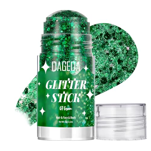 DAGEDA Green Body Glitter Stick Sparkly Hair Face Glitter Makeup for Women St Patricks Day Accessories Holographic Green Face Paint Stick for Women Halloween Makeup 1.12 oz