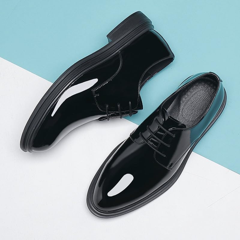 Men's Business Formal Dress Shoes Versatile Black Pointed Toe Bright Casual Leather Shoes Lace-up Low-top Slip Resistant Rubber Oxford Shoes for Men
