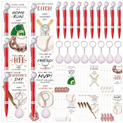 Cadeaux de sport Saint-Valentin pour enfants : lot de 24 avec stylos de baseball et porte-clés