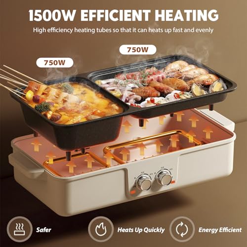 Elektrischer Hot Pot Grill 2 in 1, 1700W Elektrisch Korean Barbeque mit 2 unabhängiger Temperaturregelung, Multifunktion Elektrische Grill Hot Pot für Familie, Freunde und Party, für 5-8 Personen