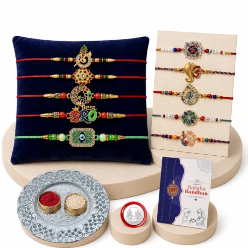 Image of DeoDap Rakhi Gift Set for Brother | Pack of 10 Designer Rakhi with Pooja Thali, Roli Chawal, Silver Color Pooja Coin & Greeting Card | Raksha Bandhan Gift Combo for Bhai