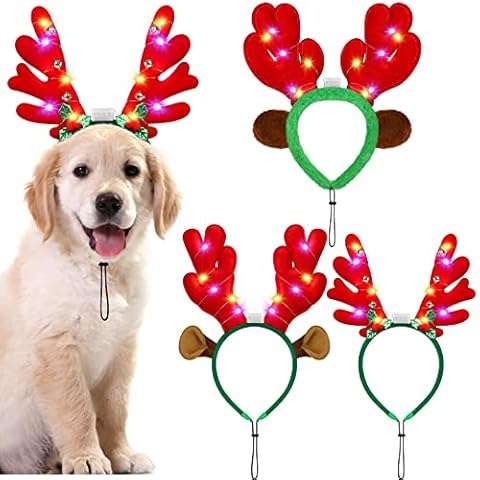 Pedgot 3 Pieces Light up Pet Christmas Headbands LED Pet Xmas Reindeer Antler Headbands for Christmas Holiday Supplies Accessory Cover