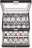 BEWISHOME Watch Box Organizer 20 Men Display Storage Case Metal Hinge Black PU Leather Glass Top Large Holder SSH04B