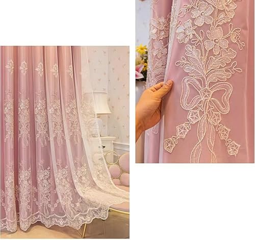 Rideau occultant polyester rose double couche broderies florales 102x214 de chambre