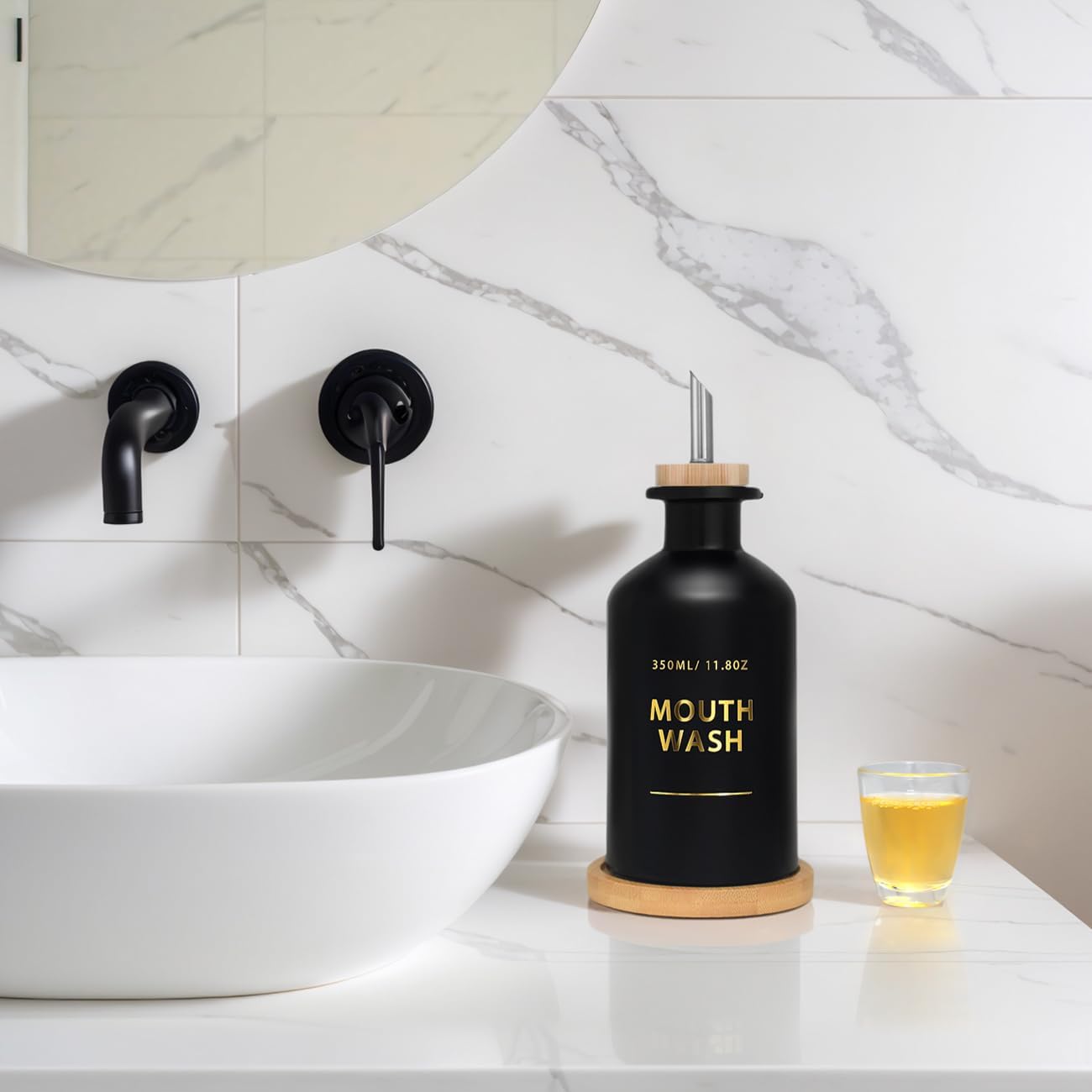 Mouthwash Dispenser for Bathroom 11.8oz – Glass Mouthwash Bottle with Cup & Bamboo Tray, Gold Hot-Stamped Lettering, Silicone Base, Modern Bathroom Accessory (Black) - Image 7