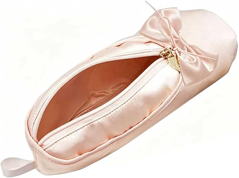 Necessaire de maquiagem em formato de sapatilha rosa com laço costurado à mão PWQEIONC