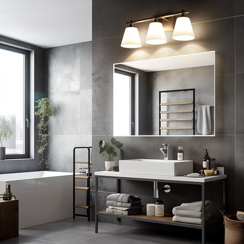 Image of Bathroom Vanity Light Fixtures, Traditional Brushed Nickel 3 Lights Vanity Lighting Fixture with Opal Glass Shade, Porch Wall Mount Light Fixture for Bathroom, Mirror Cabinets Hallway Stairs