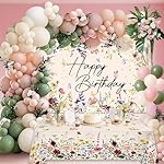 Wildflower Birthday Decorations for Women Girls, Sage Green Dusty Pink Balloon Arch Garland Kit with Floral Happy Birthday Backdrop, 12 Cupcake Toppers, Boho Spring Garden Party Supplies