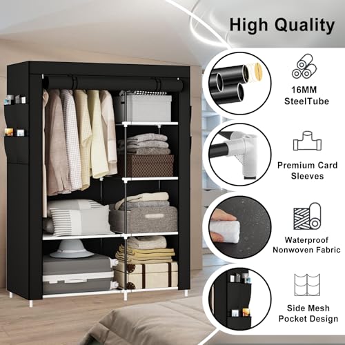 Image of OPPAIYA Canvas Wardrobe for Bedroom, Fabric wardrobes carries five storage boxes, one hanging rail and four side pockets, 105 x 45 x 165 cm, Pop up wardrobe, Great temporary wardrobes for bedroom