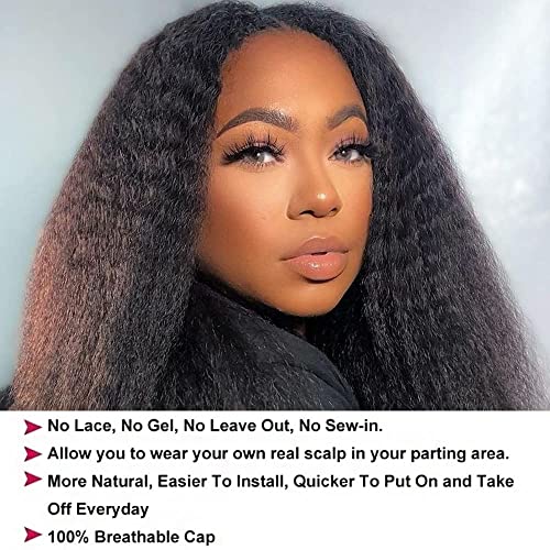 Image of KLAIYI V Part Kinky Straight Human Hair Glueless Wear and Go Wig Upgrade U Part Wigs for Women No Glue No Leave Out Yaki Straight None Lace Front Clip In Half Wig Ready to Go Beginners 24Inch