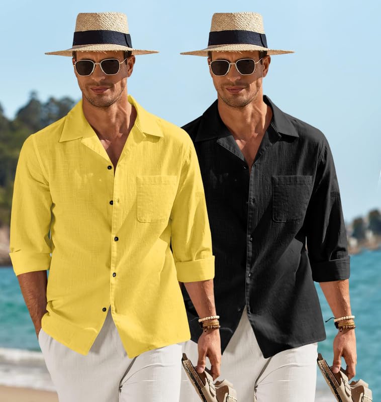 Image of Combo of Men's Casual Cotton Blend Shirt || Long Sleeve Button Down with Spread Collar | Lightweight Breathable Fabric | Stylish Solid Shirt for Beach, Office & Everyday Wear Pack of 2