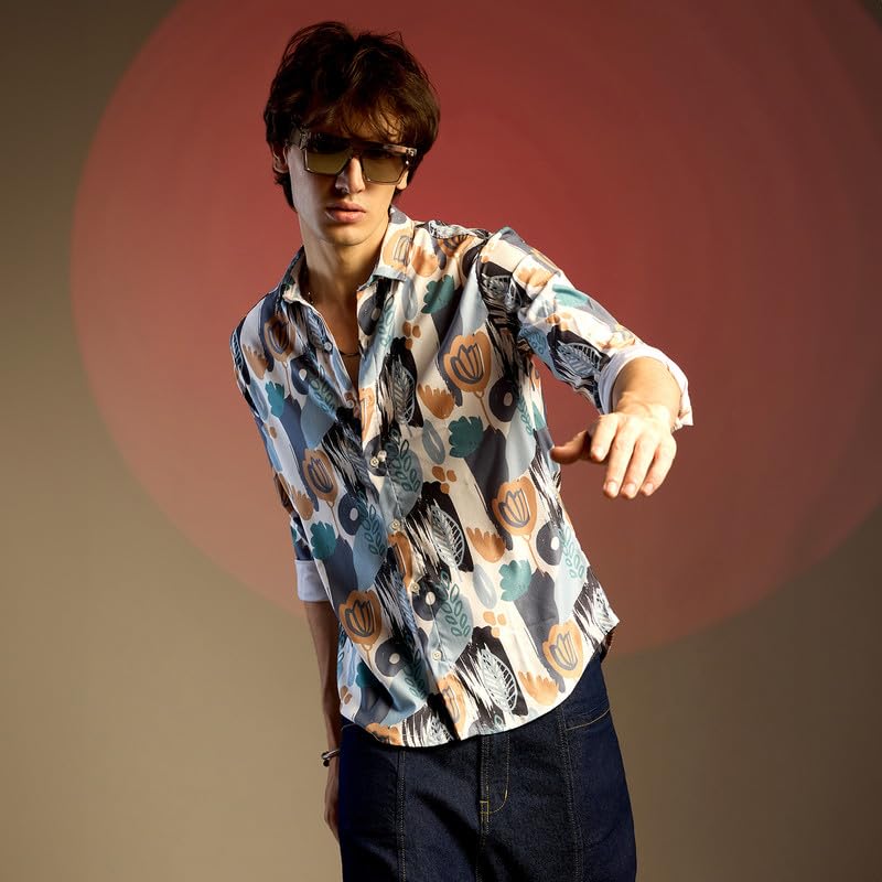 Image of CAHOOT Men's Foliage Strokes Shirt for Casual Wear | Spread Collar | Long Sleeve | Button Closure | Shirt Crafted with Comfort Fit for Everyday Wear