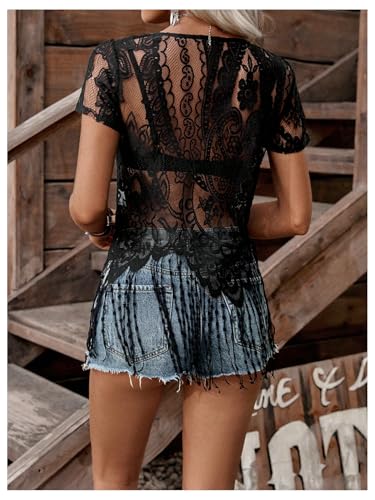 SweatyRocks Women's Sheer Lace Fringe Top Short Sleeve Tassel T Shirts Sexy Going Out Tops2