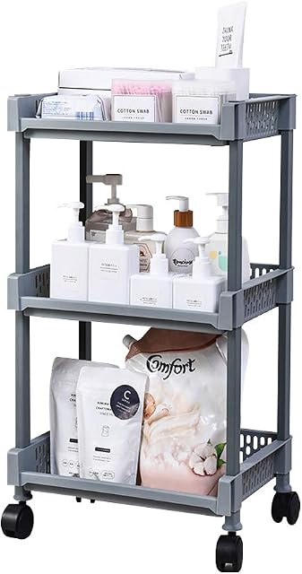OFCASA Storage Rolling Cart 3-Tier Kitchen Trolley Storage Shelf Organizer with Wheels and Baskets Detachable Plastic Storage Rack Unit for Kitchen Bathroom (Grey)