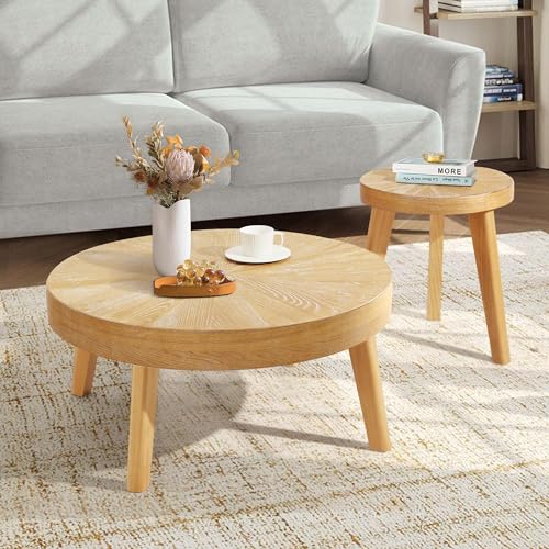Hokyhoky Farmhouse Round Coffee Table Set Of 3, Boho Sofa Side Nesting Tables End Table Set With Wood Natural Finish For Living Room thumb #2