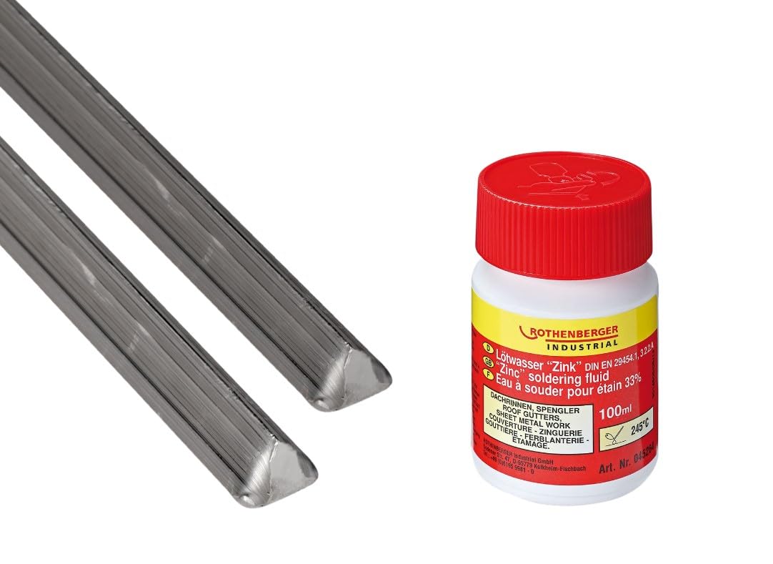 ROTHENBERGER Industrial Set mit 2 Packungen bleifreies Stangenlötzinn 100g ROLOT 611 | Lötzinn | Schmelztemperatur: 199°C | Ø/Länge: ca. 6,7 x 300 mm | 1 Stab | Lötwasser 100 ml