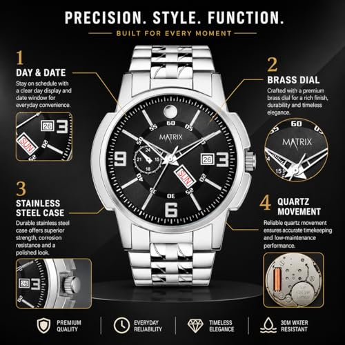 Matrix Analog Watch - Black Dial, Day & Date, Stainless Steel Strap - Image 5