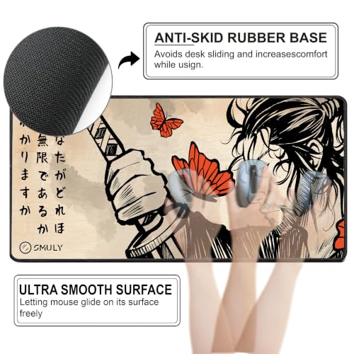 Image of Japanese Samurai Gaming Mouse Pad, Large Desk Mat 58.5 x 28 cm, Extended Washable Mousepad, Desk Pad, 2mm Thick Non-Slip Rubber Base, Stitched Edges, Smooth Surface (Multicolour)