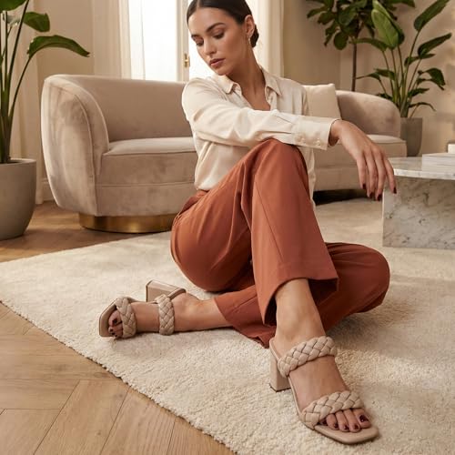 Image of Dunes Iris Chunky Braided Heel Sandals for Women, Block Heel Square Toe Summer Sandals with Memory Foam