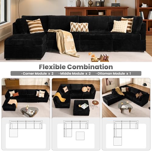 Image of ovios Modular Sectional Sofa Couch with L-Shape Chaise Ottoman, Comfy Plush Corduroy Cloud Couches, Modern Luxury Deep Seat Sofas Set for Living Room, 5-Seater, Black