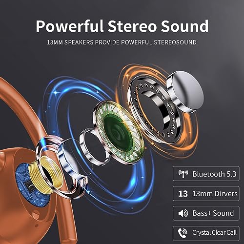 OYIB 2023 Bluetooth Kopfhörer Sport, Kopfhörer Kabellos Bluetooth 5.3 mit Ohrhaken, 3D Stereo HD Anruf In Ear Kopfhörer mit Mic, Dual LED-Anzeige, Touch Control, IPX7 Wasserdicht Ohrhörer Orange – Bild 3