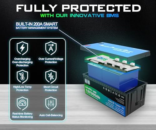 Image of 12 Volt 300Ah Lithium Golf Cart Battery, 12V LiFePO4 Battery, 200A BMS, 4000+ Cycles, 3.84 kWh Energy, 2.56kW Max Power Output, Perfect for Off-Grid, Home Storage, RV, Marine