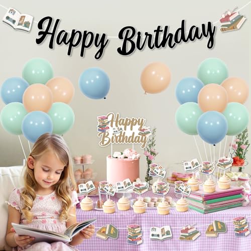 Image of Storybook Theme Birthday Decorations, Book Happy Birthday Banner Cake Cupcake Topper Storybook Sign Latex Balloons, Library Reading Book Club Bday Back to School Party Decor Supplies