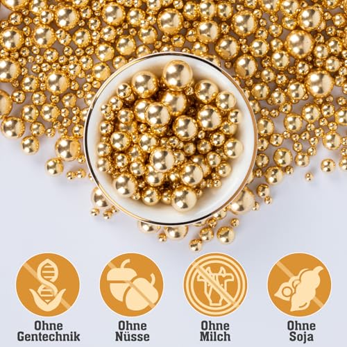 Twisweet Gold Streusel 130g, Essbare Perlenstreusel zur Kuchenverzierung, Zuckerperlen in Mischgrößen zum Backen, Cupcake-Topper für Kekse, Eis & Torten, Deko für Valentinstag, Geburtstage, Weihnachte