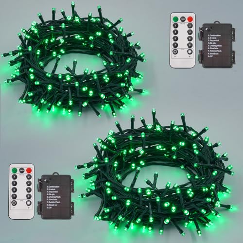 QITONG 2 Pack Green Battery Operated Halloween Lights Each 33ft 100 LED Christmas String Lights Outdoor Green Wire Twinkle Lights Indoor with Remote