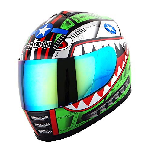 WOW Motorcycle Full Face Helmet Street Bike BMX MX Youth Kids Shark Green; Size M (19.7/20.3 Inch)