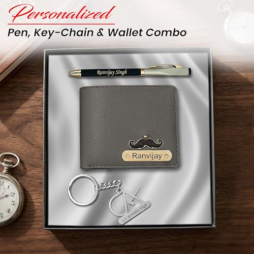 Image of SAVRI Personalized Pen, Stainless Steel Symbol Keychain and Leather Men's wallet Combo with Charm and Your Name Engraved. Best Gift Combo for Him. Men's Professional Gift Box.