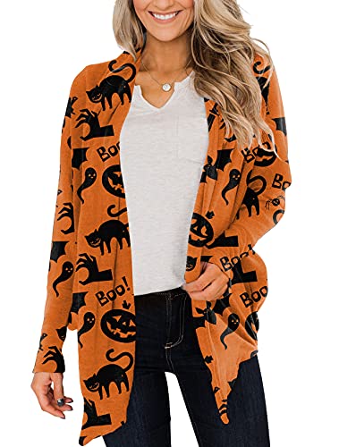For G And Pl Women's Halloween Ghost Boo Pumpkin Cardigan Long Sleeve Clothing Outfit Outerwear Black Cat Orange L #TOP30