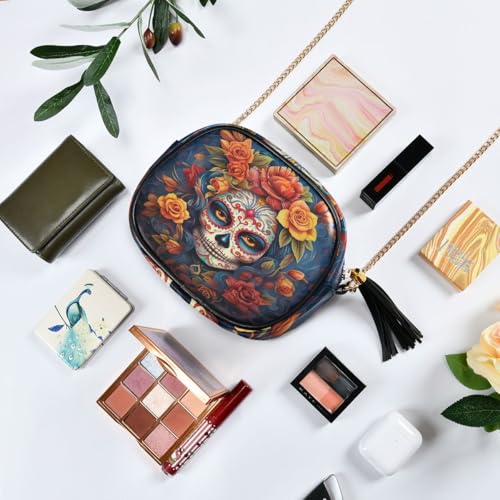 Image of ALAZA Women's Dia Muertos Mexican Day Of The Dead Girl Sugar Skull PU Leather Crossbody Bag Shoulder Purse with Tassel