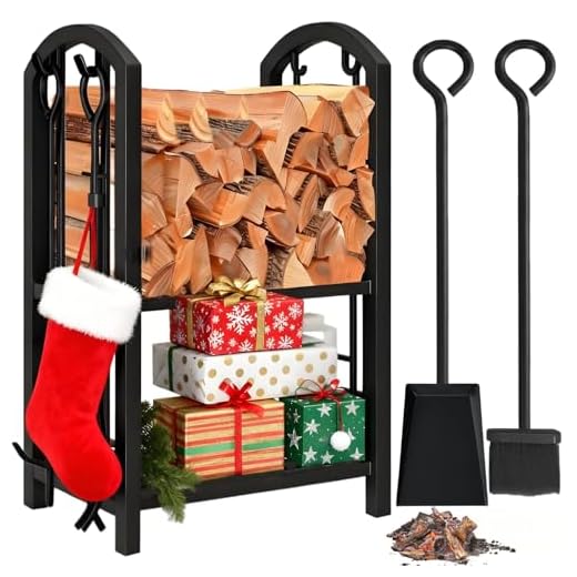Amagabeli Estante para leña de Chimenea Estante de registro con 4 Herramientas Estante de Estufa de para Titular de Registro Conjunto Negro